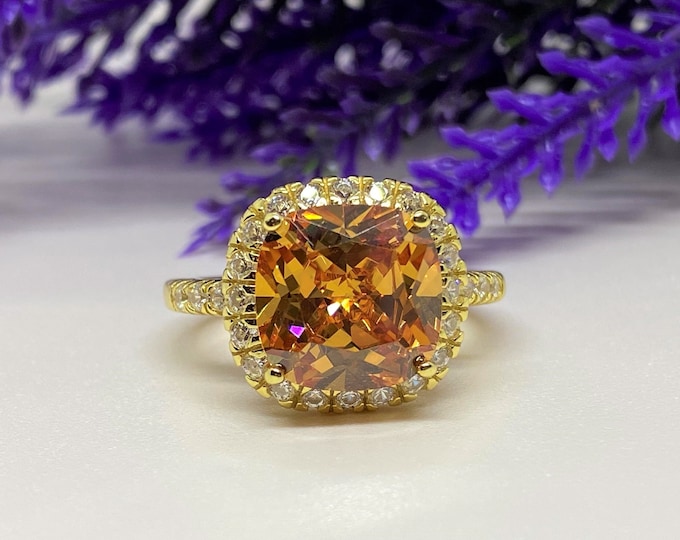 Vintage Sterling Silver 14K Gold Plate Morganite & White Topaz Ring Size 8