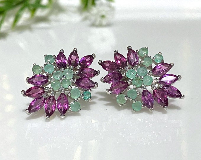 Vintage Sterling Silver Natural Emerald & Rhodolite Earrings