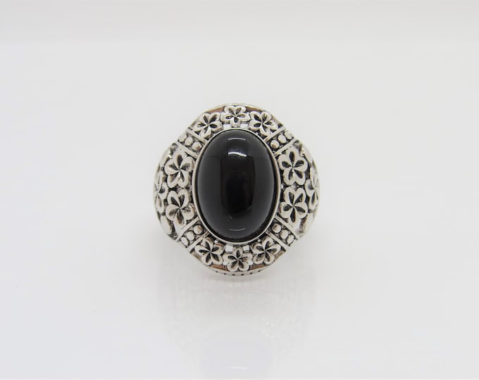 Vintage Sterling Silver Black Onyx Flower Dome Ring Size 9