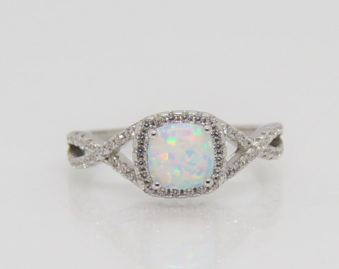 Vintage Sterling Silver Cushion cut  Fire Opal & White Topaz Twisted Ring Size 7