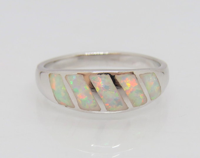 Vintage Sterling Silver White Opal Band Ring Size 8