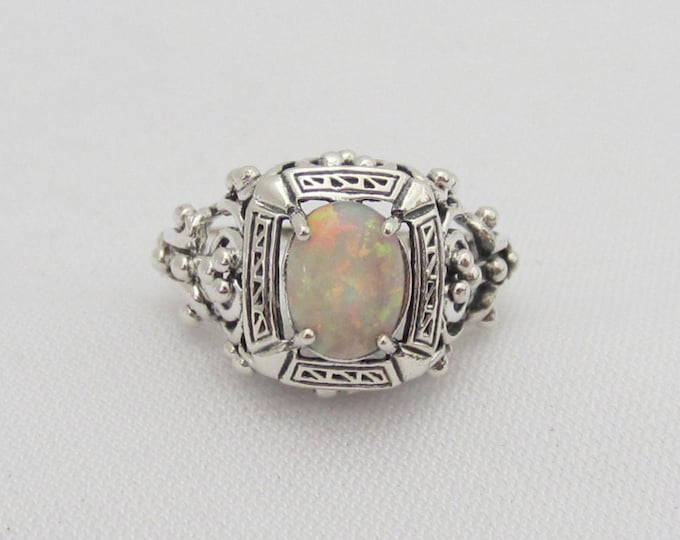 Vintage Sterling Silver White Opal Filigree Ring Size 7