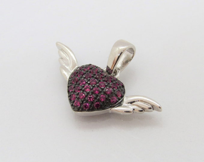Vintage Sterling Silver Ruby Wings Heart Charm Pendant