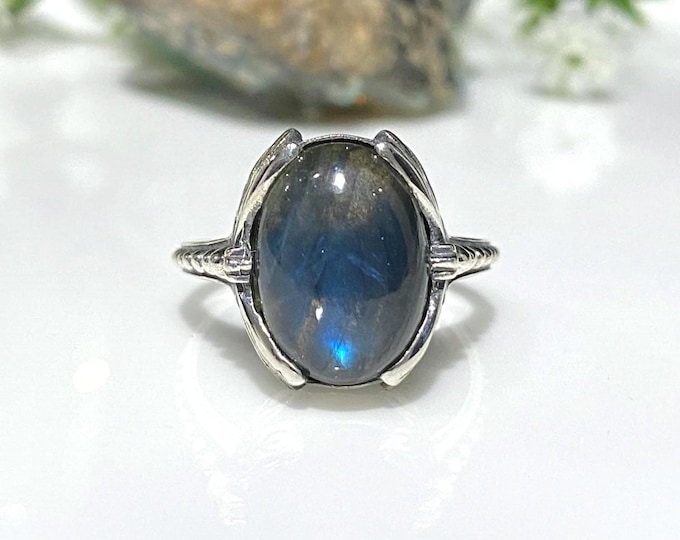 Vintage Sterling Silver Natural Labradorite Dragonfly Ring Size 8