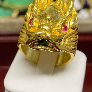 Vintage 24K Solid Pure Gold Ruby, Emerald Dragon Head Heavy Gold Ring ...