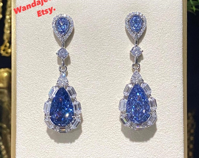 Vintage Sterling Silver Tanzanite & White Topaz Dangle Earrings.