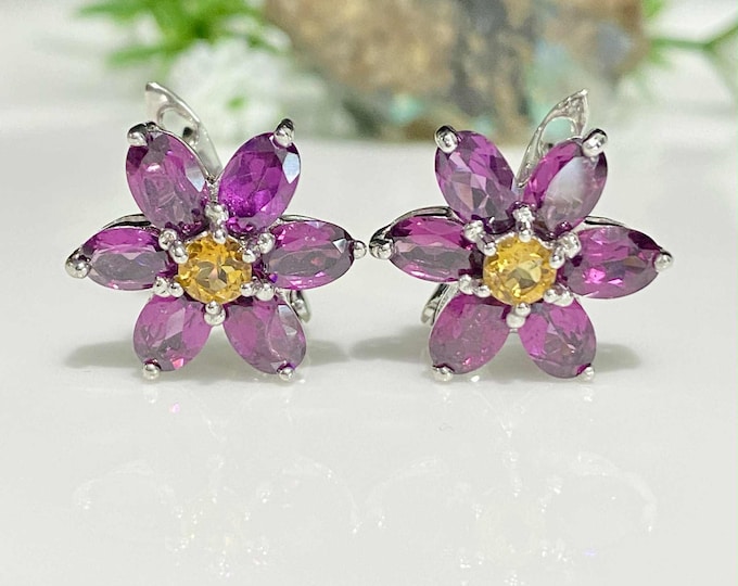 Vintage Sterling Silver Natural Citrine & Rhodolite Earrings.