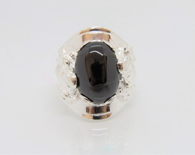 Vintage Sterling Silver Oval Black Onyx Happy Buddha Men's Ring Feng Shui Ring Size 9.5