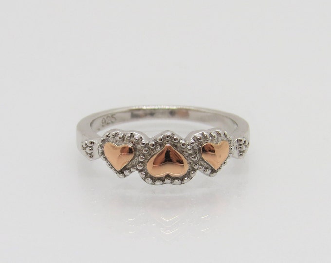 Vintage Sterling Silver Two Tone Rose Gold Plated Heart Ring Size 7