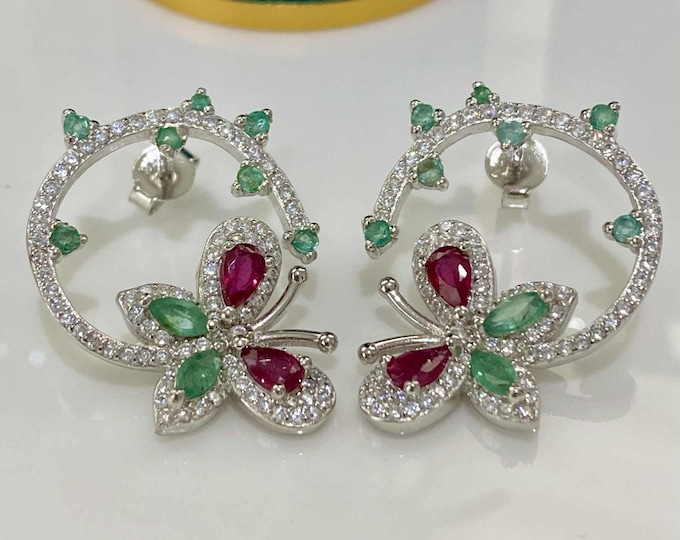 Vintage Sterling Silver Natural Ruby, Emerald & White Topaz Butterfly Earrings.