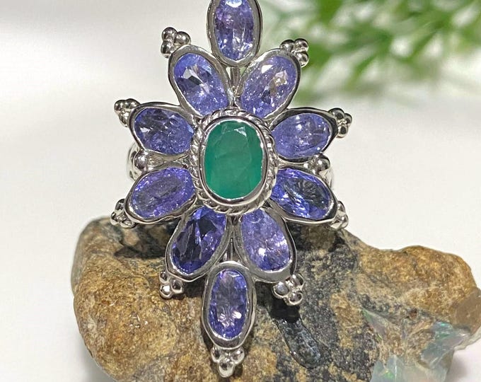 Vintage Sterling Silver Natural Tanzanite & Emerald Long Ring Size 8.75