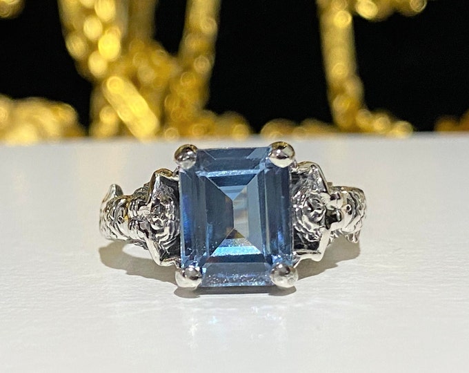 Sterling Silver Emerald cut Aquamarine Ring Size 8