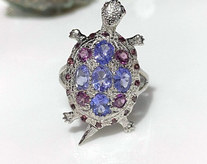 Vintage Sterling Silver Natural Tanzanite & Rhodolite Turtle Moveable Ring Size 8 3/4