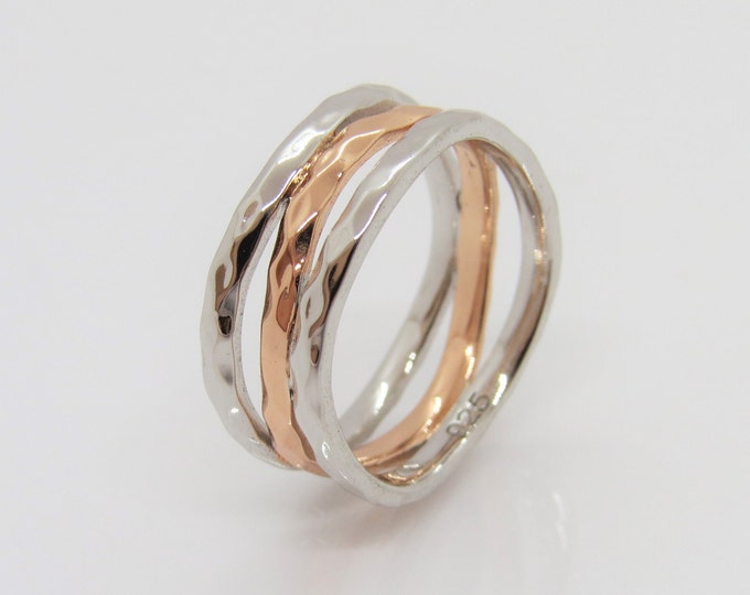 Vintage Sterling Silver Two Tone Rose Gold Plated Hammered Band Ring Size 10