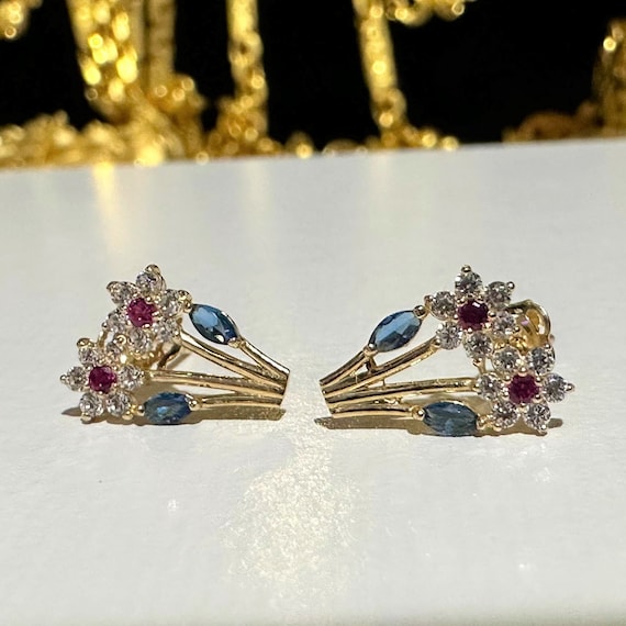 Vintage 14K Solid Yellow Gold Ruby, Blue Sapphire… - image 1