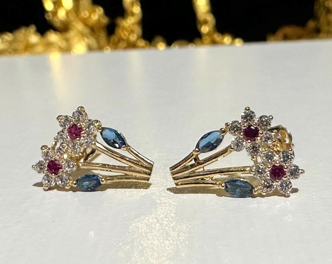 Vintage 14K Solid Yellow Gold Ruby, Blue Sapphire & White Topaz Flowers Stud Earrings