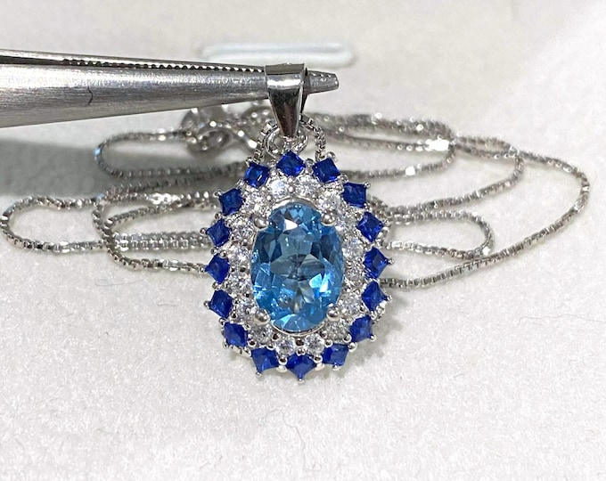 Vintage Sterling Silver Natural Blue Topaz, Blue Sapphire & White Topaz Pendant Chain. 17''