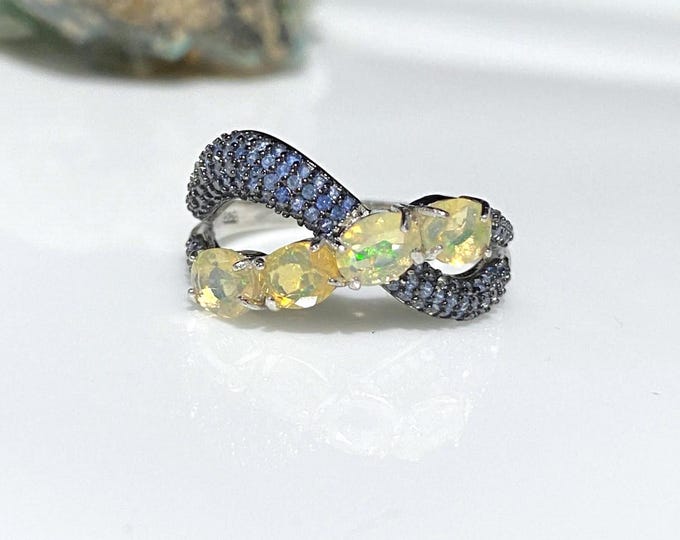 Vintage Sterling Silver Natural Fire Opal & Blue Sapphire Swirly Ring Size 8