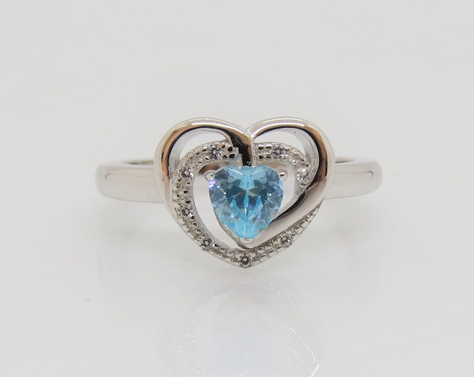Sterling Silver Aquamarine & White Topaz Heart Ring Size 7