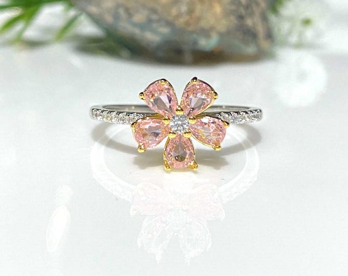 Vintage Sterling Silver, Gold Plate Pink Sapphire & White Topaz Flower Ring Size 6.25