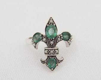 Anillo vintage de plata de ley con diseño de flor de lis, esmeralda natural y perla, talla 9