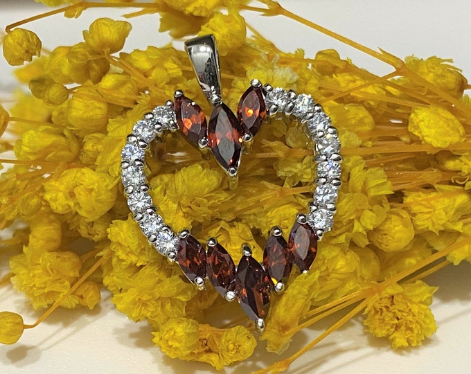Vintage Sterling Silver Garnet & White Topaz Heart Pendant.