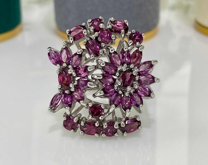Vintage Sterling Silver Natural Rhodolite Flowers Ring Size 7 3/4