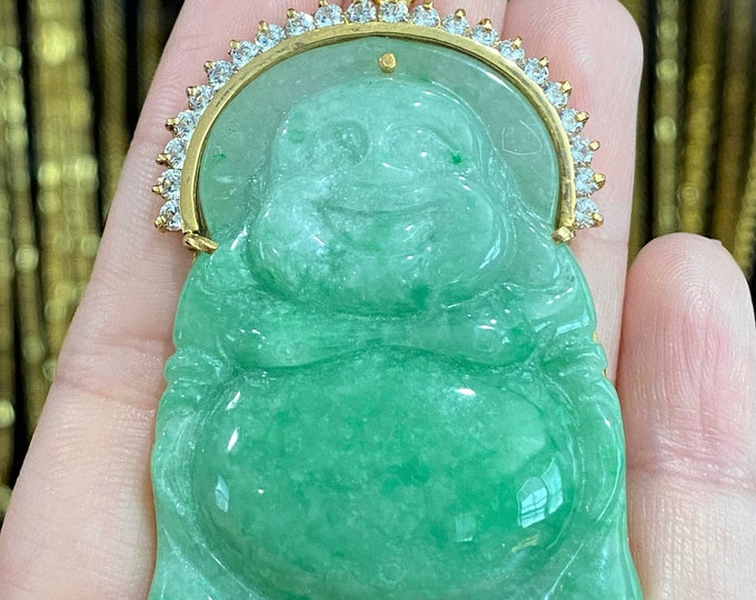 Vintage 18K Solid Yellow Gold Green Jadeite Jade, White Topaz Laughing Buddha Pendant Phat Di Lac