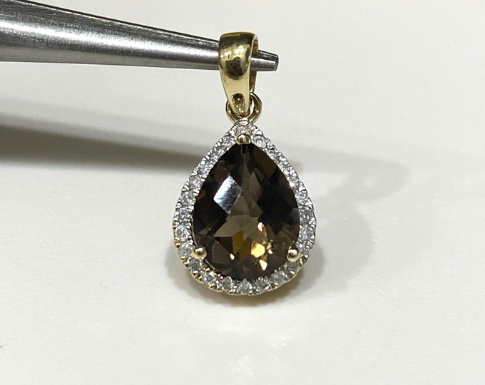 Vintage 14K Solid Yellow Gold Natural Smoky Topaz & Diamond Pendant.
