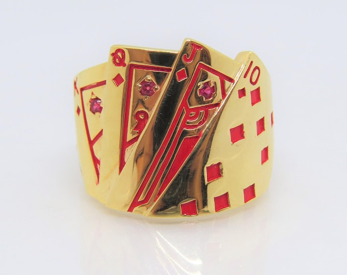 18K Solid Gold Men Ring Royal Flash Spade Design Enamel Ruby & White Topaz Vintage Ring Size 9.5