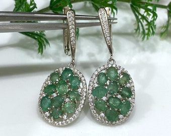 Vintage Sterling Silver Natural Emerald & White Topaz Earrings.