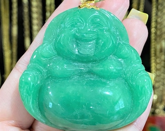 Vintage 14K Solid Yellow Gold Green Jadeite Jade Laughing Buddha, Happy Buddha Pendant