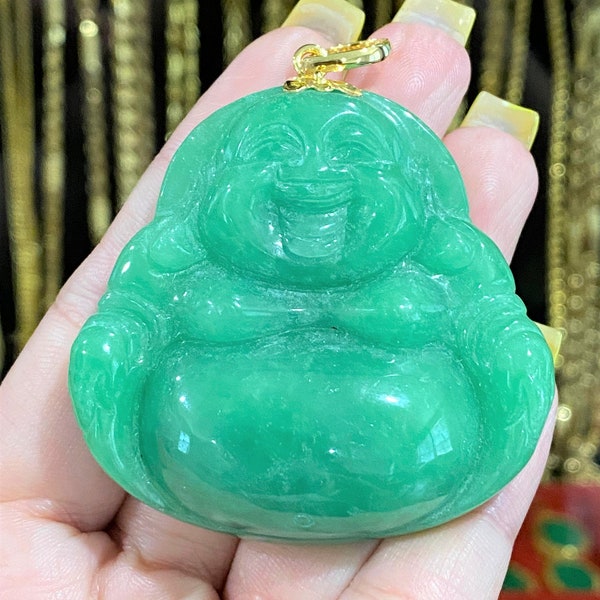 Vintage 18K massief geel goud groen jade jade lachende Boeddha, gelukkige Boeddha hanger