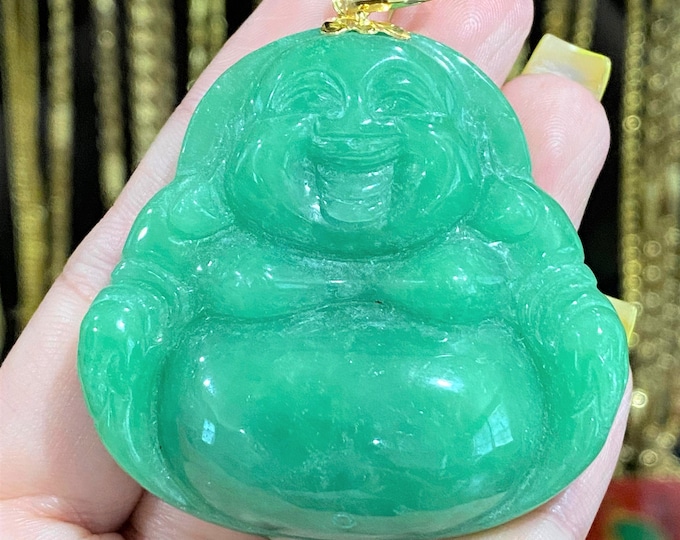 Vintage 18K Solid Yellow Gold Green Jadeite Jade Laughing Buddha, Happy Buddha Pendant