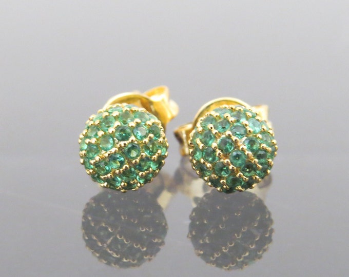 Vintage 18K Solid Yellow Gold Emerald Ball Stud Earrings