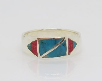 Vintage Western Sterling Silver Natural Turquoise, Red Coral Ring Size 10