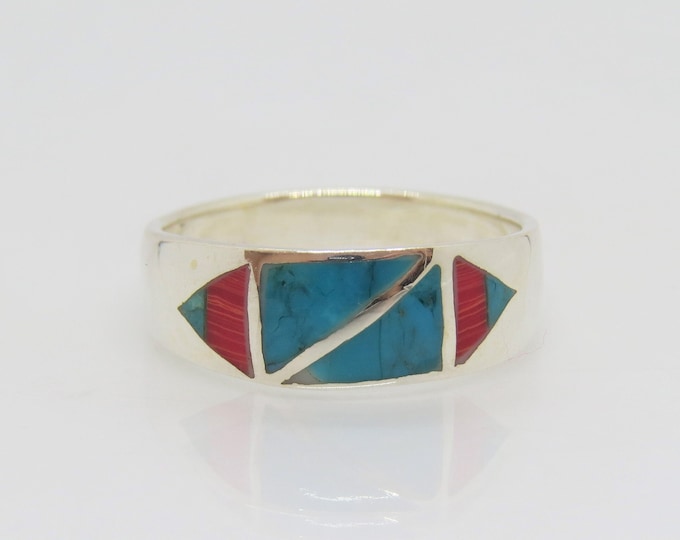 Vintage Western Sterling Silver Natural Turquoise, Red Coral Ring Size 10