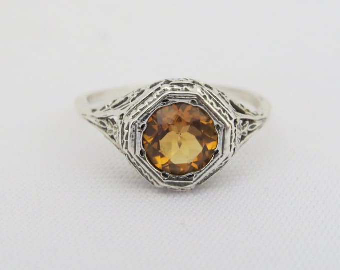Sterling Silver Natural Citrine Filigree Ring Size 8