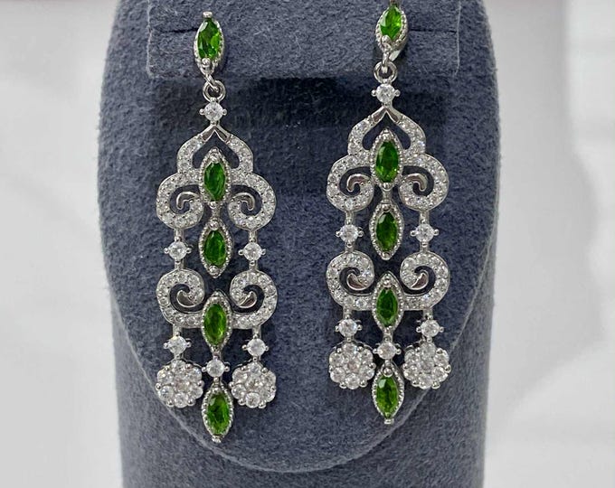 Vintage Sterling Silver Natural Peridot & White Topaz Dangle Earrings.