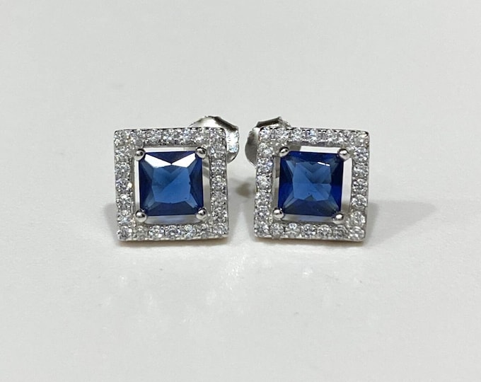 Sterling Silver Princess cut Blue Sapphire & White Topaz Earrings.