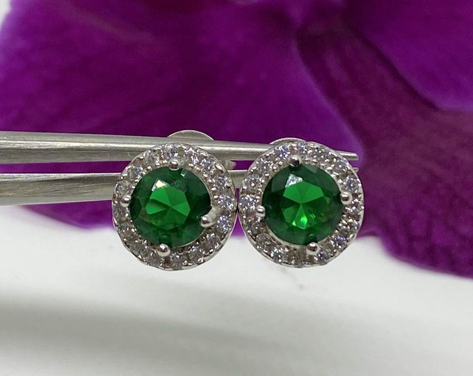 Vintage Sterling Silver Emerald & White Topaz Halo Earrings.