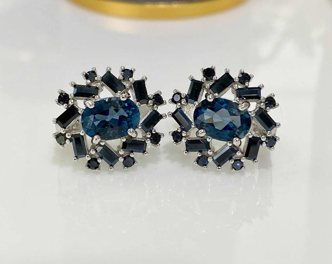 Vintage Sterling Silver Natural Oval cut London Blue Topaz & Black Sapphire Earrings.