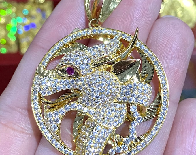 Vintage 15K 610 Solid Yellow Gold  White Topaz & Ruby Eye's Dragon Pendant.