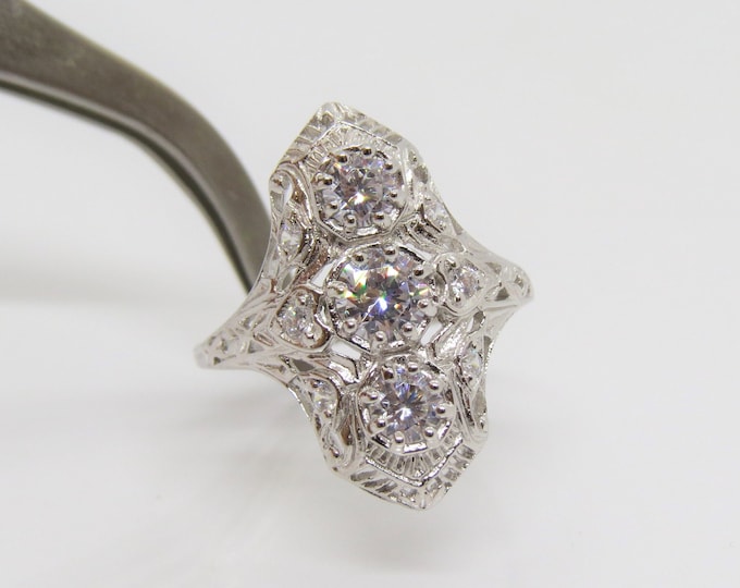 Sterling Silver White Sapphire Created Three Stone Filigree Ring Size 7