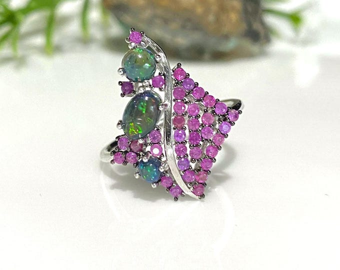 Vintage Sterling Silver Natural Black Opal & Ruby Ring Size 6.5