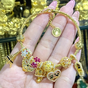 15K 610 Solid Yellow Gold Mixed Gemstones Charms Bangle