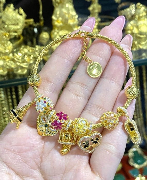 15K 610 Solid Yellow Gold Mixed Gemstones Charms Bangle