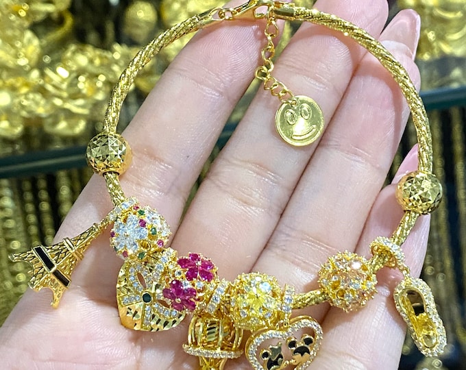 15K 610 Solid Yellow Gold Mixed Gemstones Charms Bangle Bracelet 7''