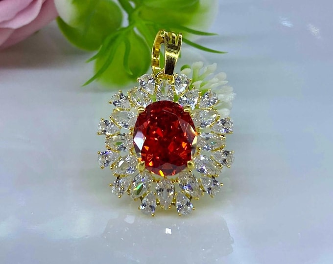 Vintage 15K 610 Solid Gold Oval cut Orange Opal & White Topaz Pendant.