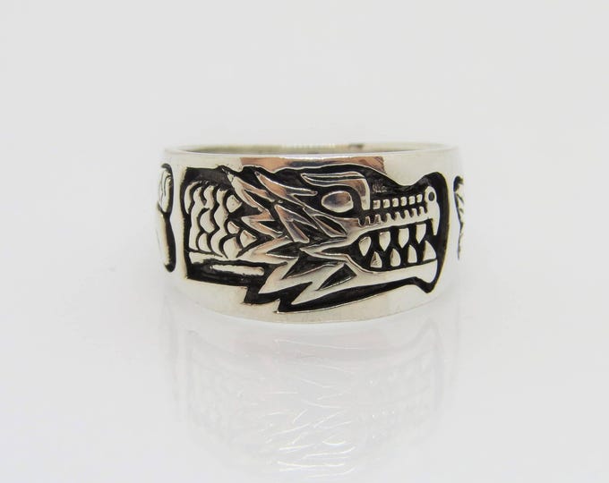 Vintage Sterling Silver Carved DRAGON Unisex Band Ring Size 9